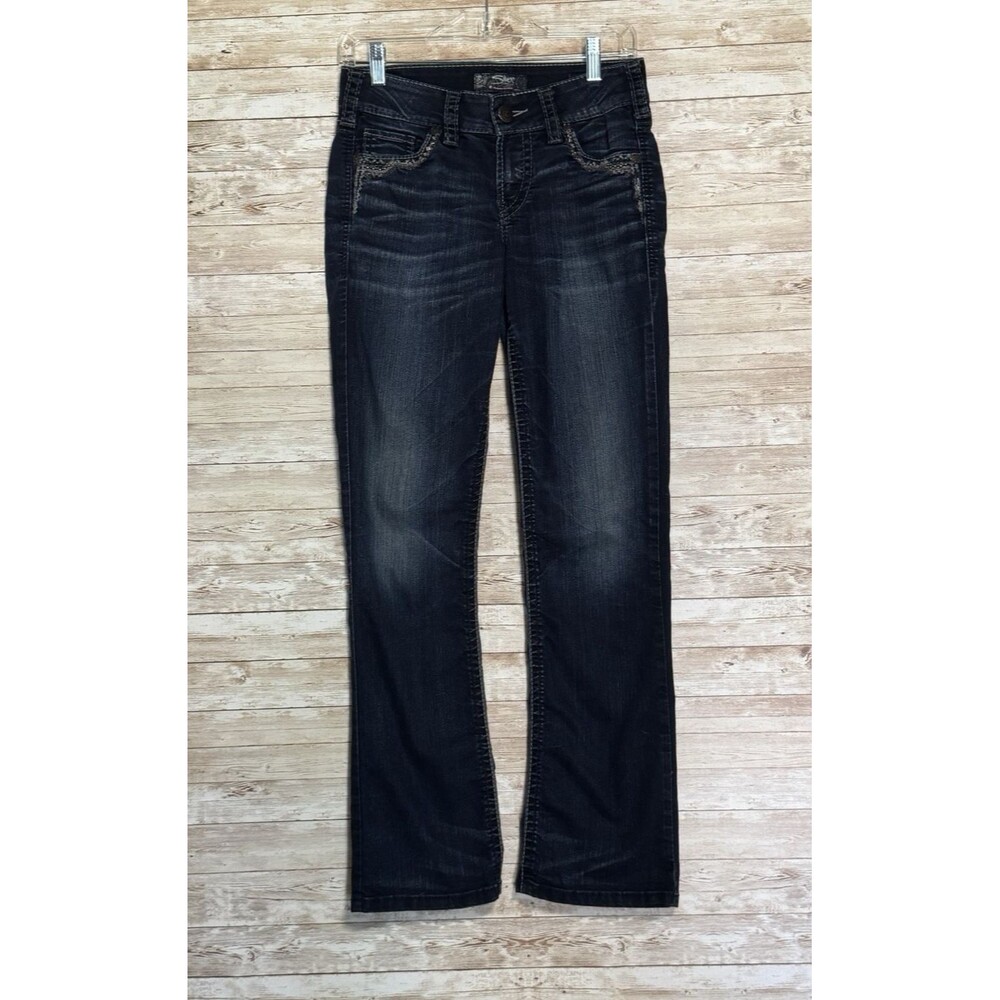 Silver Suki Super Stretch Jeans Mid Slim Boot Embellished Embroidered Sz 27/31